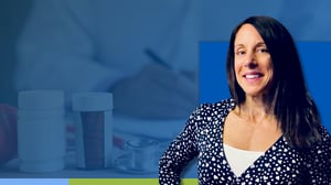 Dr. Jean Storm with an image of medications and a nursing home healthcare professional in the background