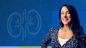 Dr. Jean Storm with kidney icons in the back to represent CKD in a nursing home setting