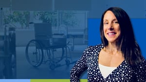 Nursing Home Setting with a bed and wheelchair and headshot of Dr. Jean Storm