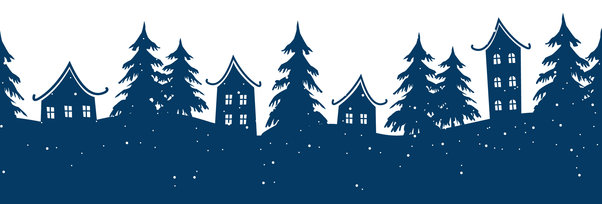 winter landscape silhouette with trees and houses and snowflakes