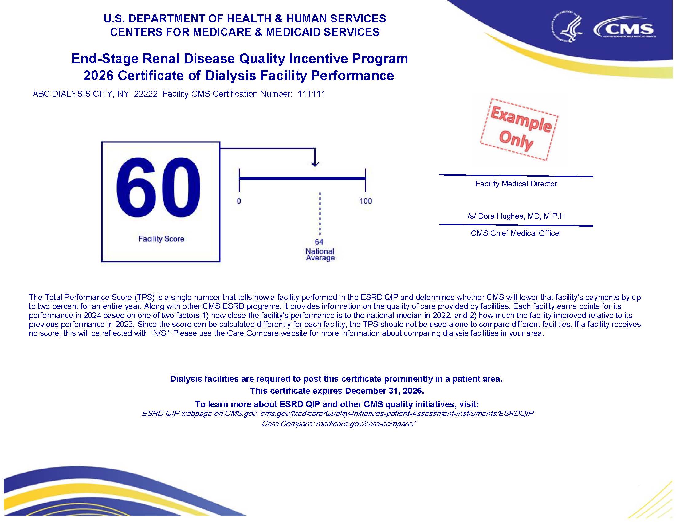 CMS End-Stage Renal Disease Quality Incentive Program 2026 Certificate of Dialysis Facility Performance Example